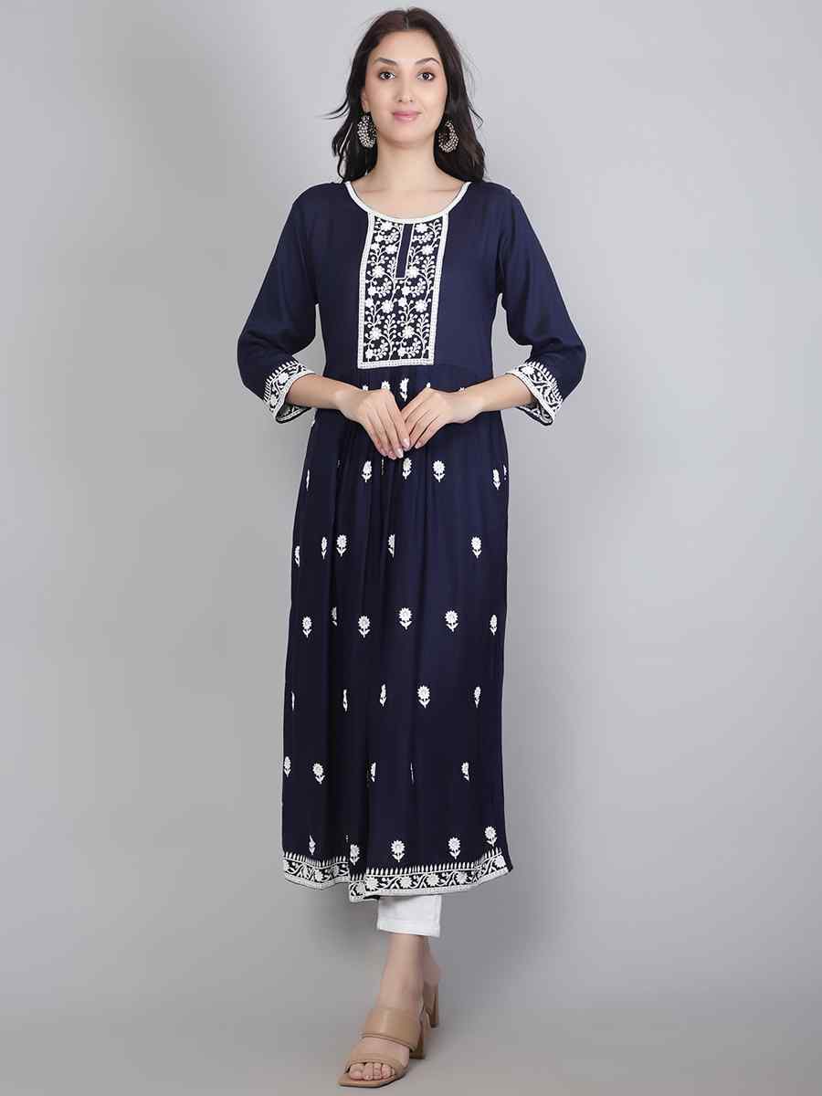 Nevy Blue Rayon Embroidered Festival Casual Kurti