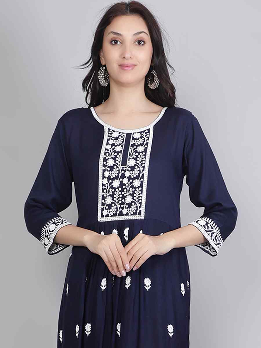 Nevy Blue Rayon Embroidered Festival Casual Kurti