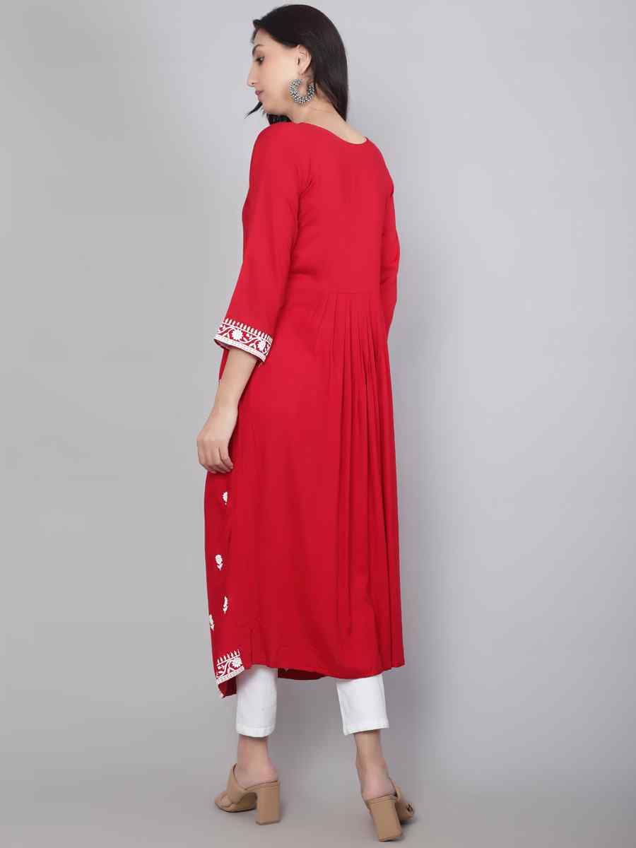 Red Rayon Embroidered Festival Casual Kurti