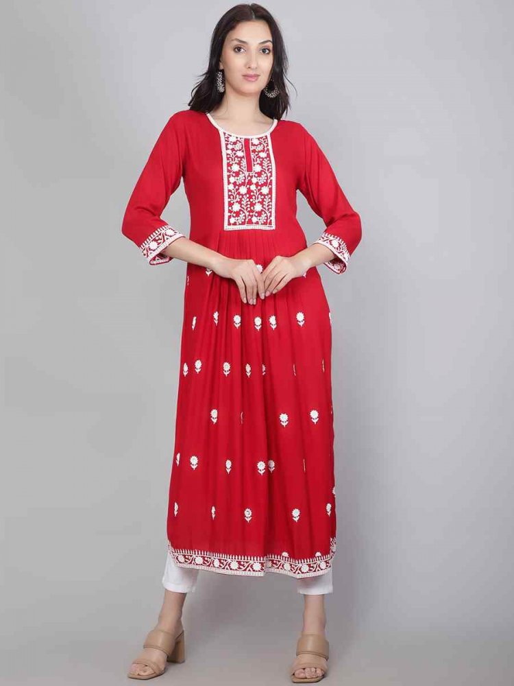 Red Rayon Embroidered Festival Casual Kurti