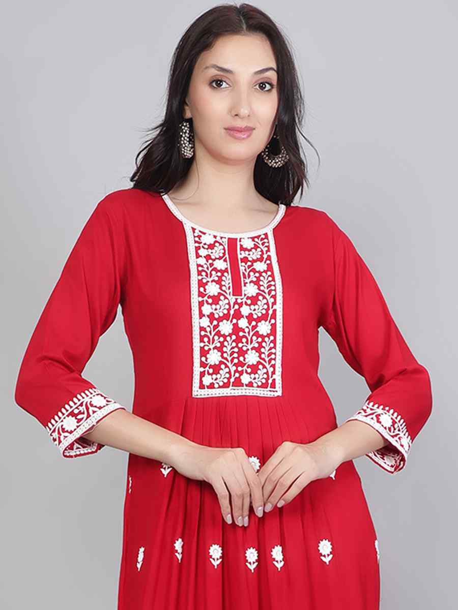 Red Rayon Embroidered Festival Casual Kurti