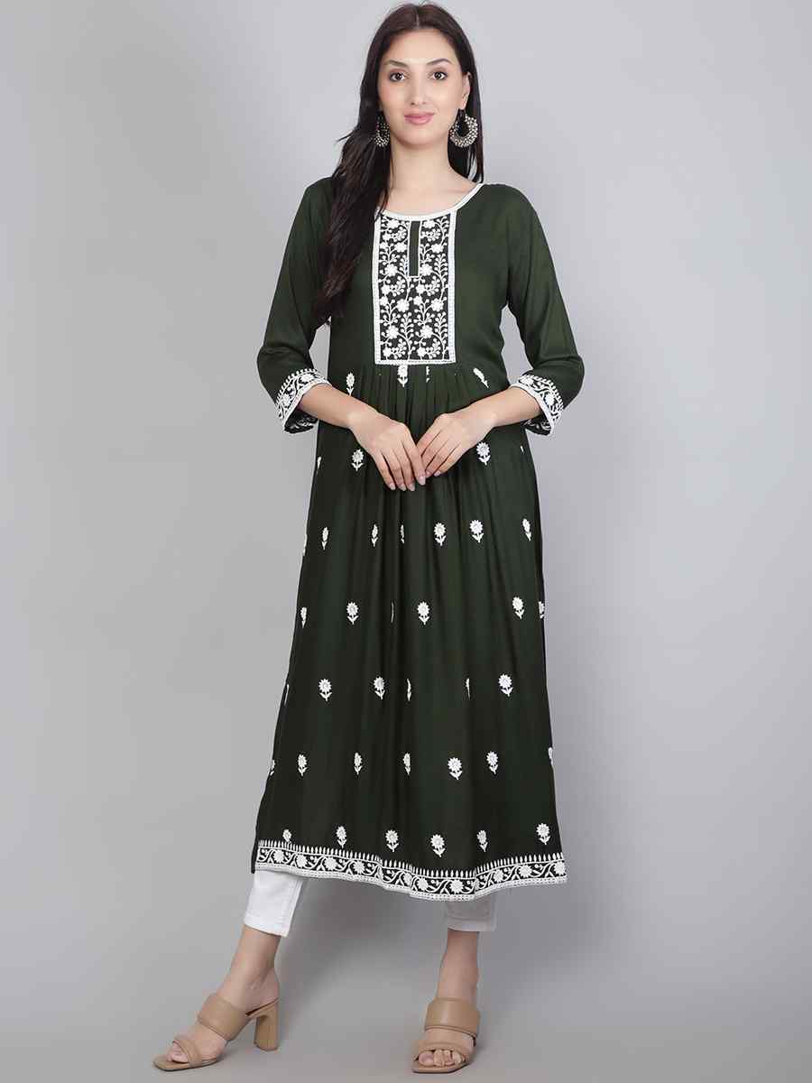 Green Rayon Embroidered Festival Casual Kurti