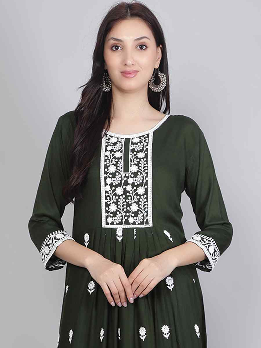 Green Rayon Embroidered Festival Casual Kurti