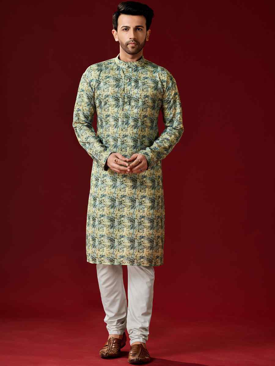 Green Cotton Printed Festival Kurta