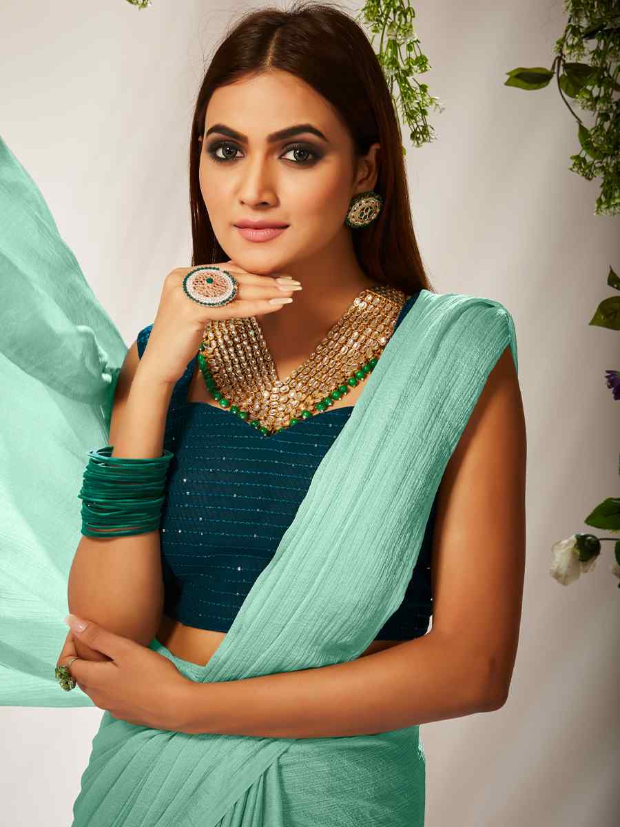 Sky Blue Kiwi Crush Sequins Party Festival Classic Style Saree