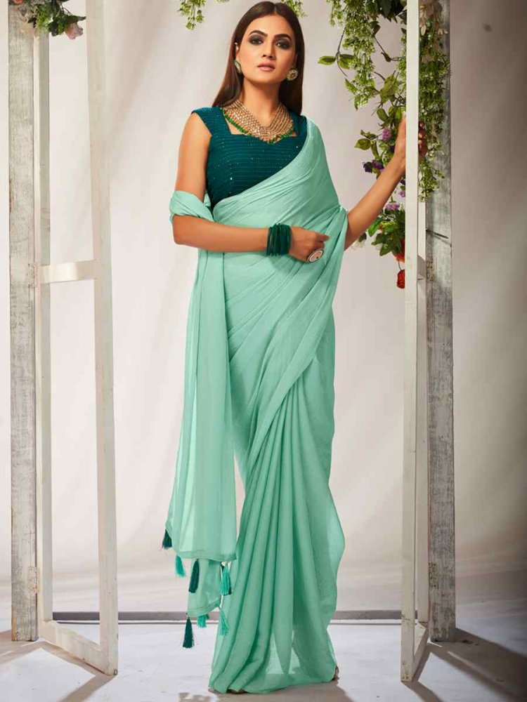 Sky Blue Kiwi Crush Sequins Party Festival Classic Style Saree