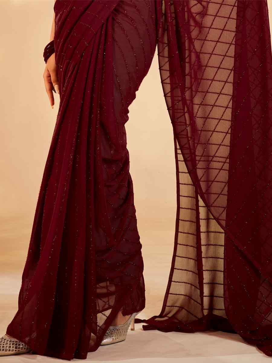 Maroon Georgette Sequins Party Festival Classic Style Saree