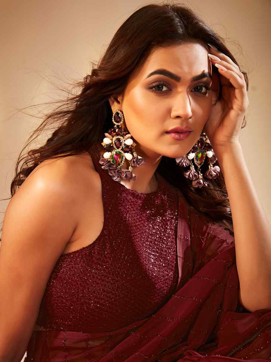 Maroon Georgette Sequins Party Festival Classic Style Saree
