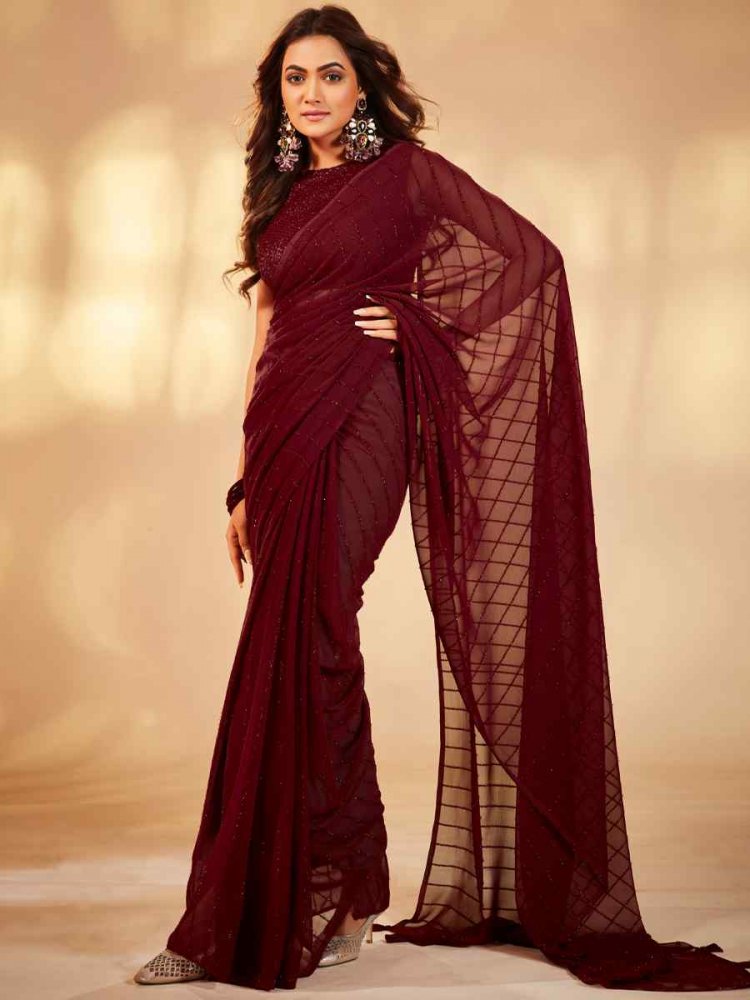 Maroon Georgette Sequins Party Festival Classic Style Saree