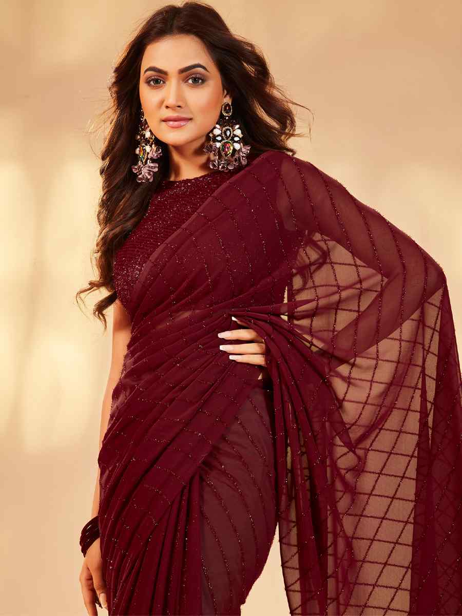 Maroon Georgette Sequins Party Festival Classic Style Saree