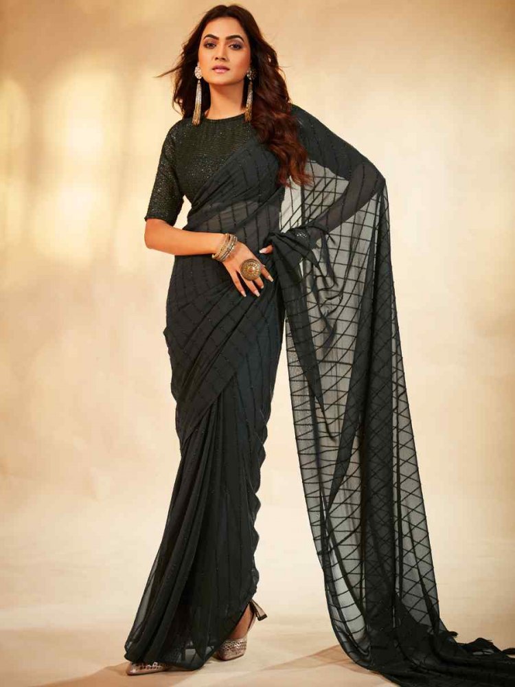 Grey Georgette Sequins Party Festival Classic Style Saree