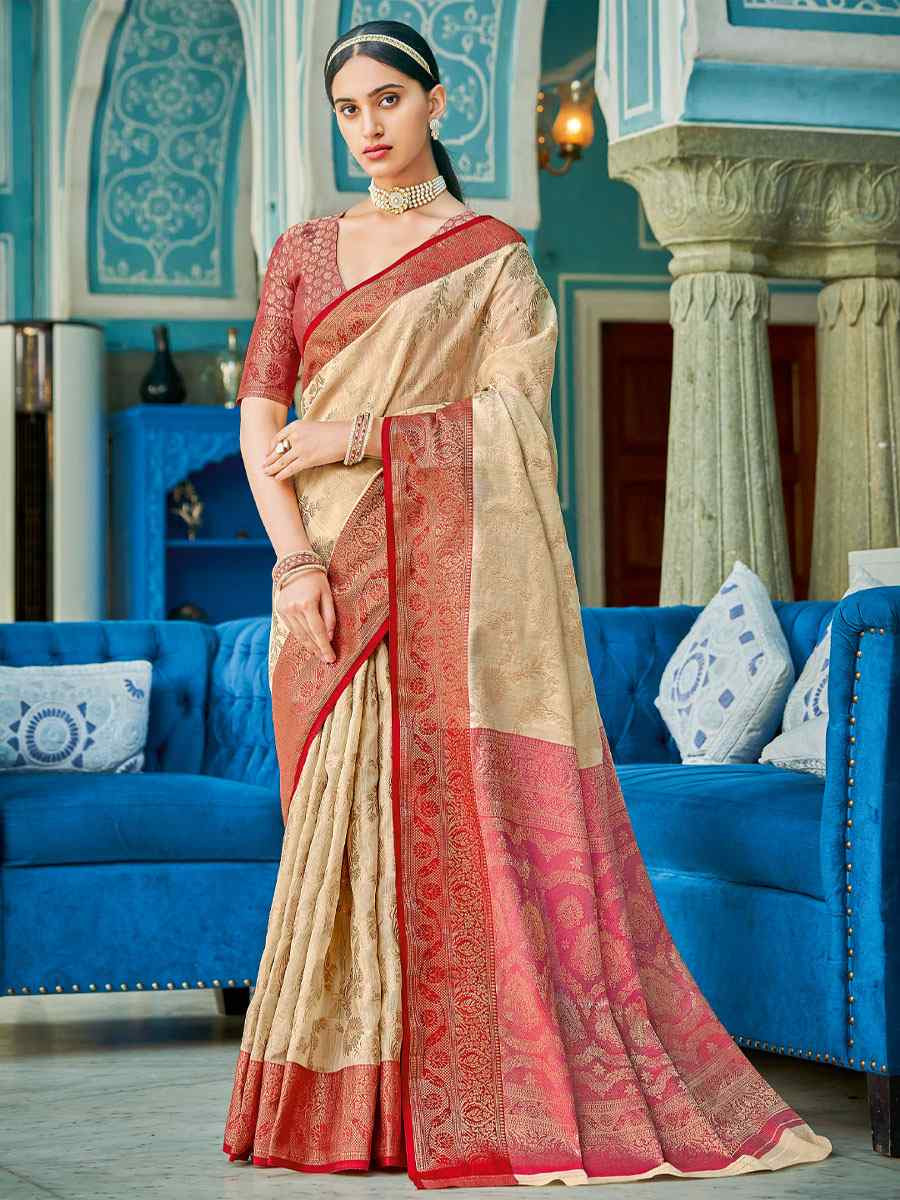 Cream Linen Cotton Handwoven Casual Festival Party Classic Style Sarees