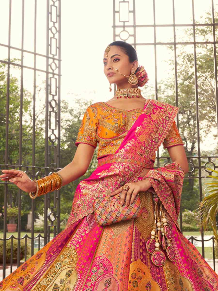 Multi Banarasi Silk Embroidered Festival Wedding Party Reception Heavy Border Lehenga Choli