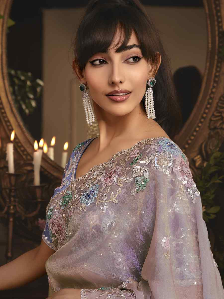 Light Purple Tissue Organza Embroidery Traditional Bridal Reception Festival Wedding Fancy Heavy Border Saree