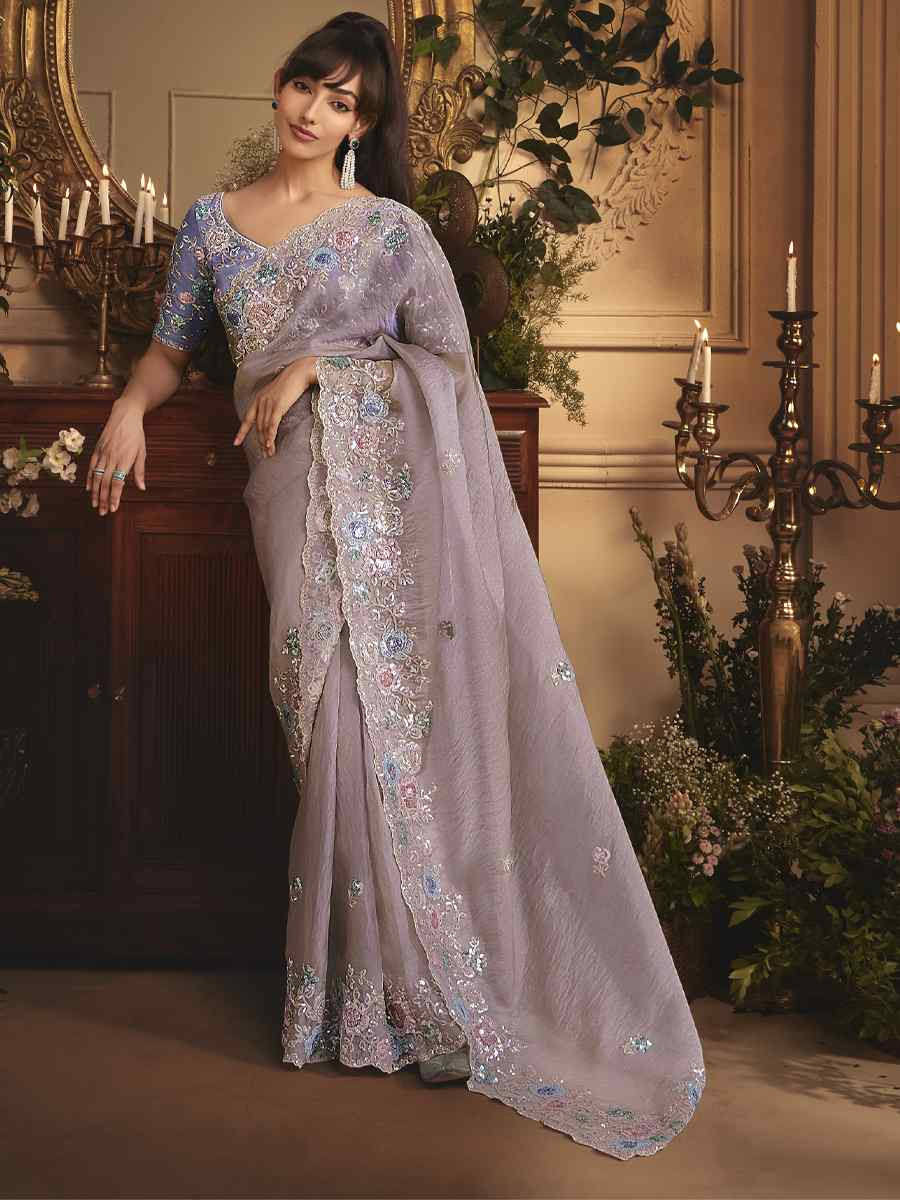 Light Purple Tissue Organza Embroidery Traditional Bridal Reception Festival Wedding Fancy Heavy Border Saree
