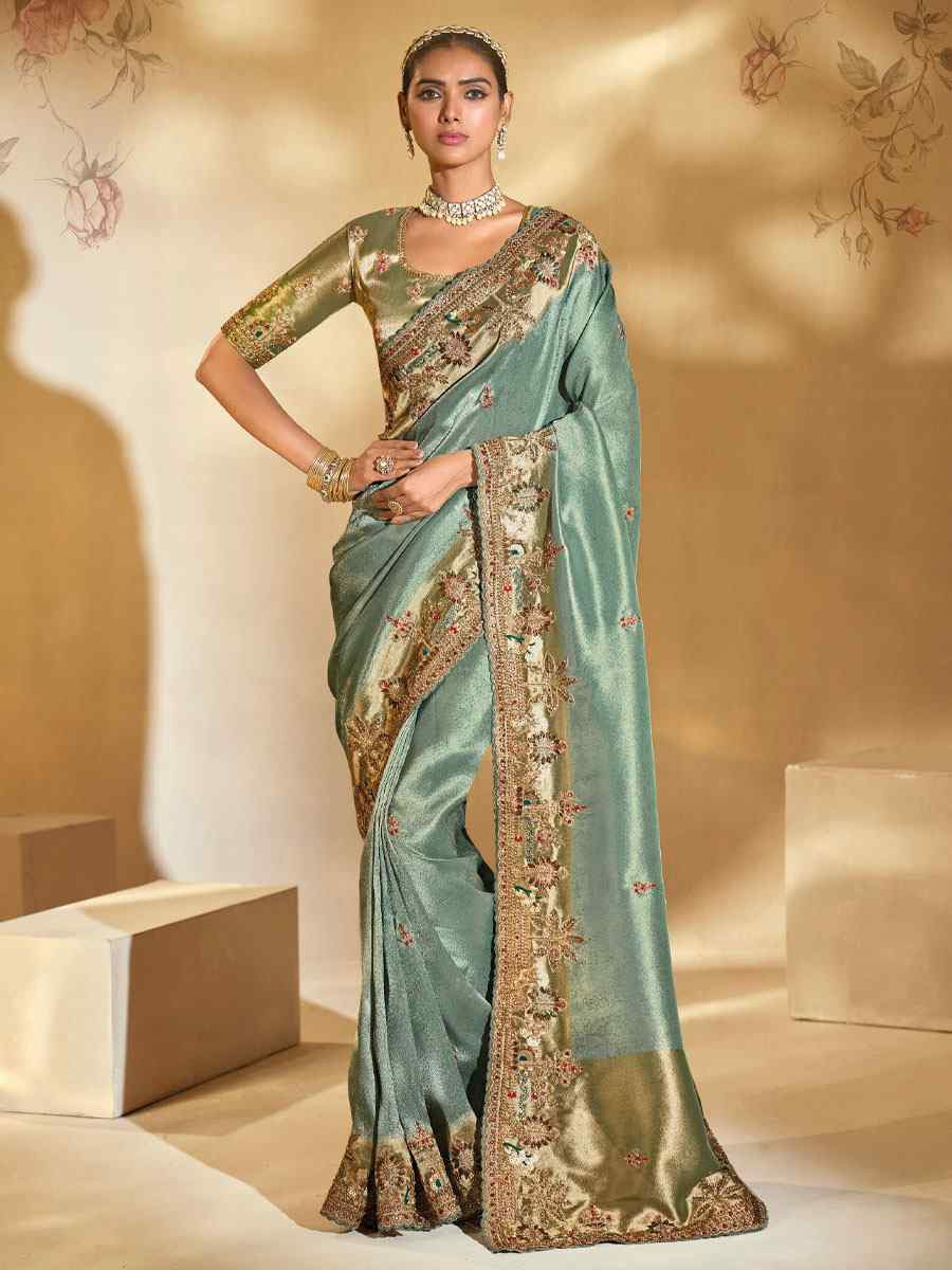 Green Pure Ziraf Silk Embroidery Traditional Bridal Reception Festival Wedding Fancy Heavy Border Saree