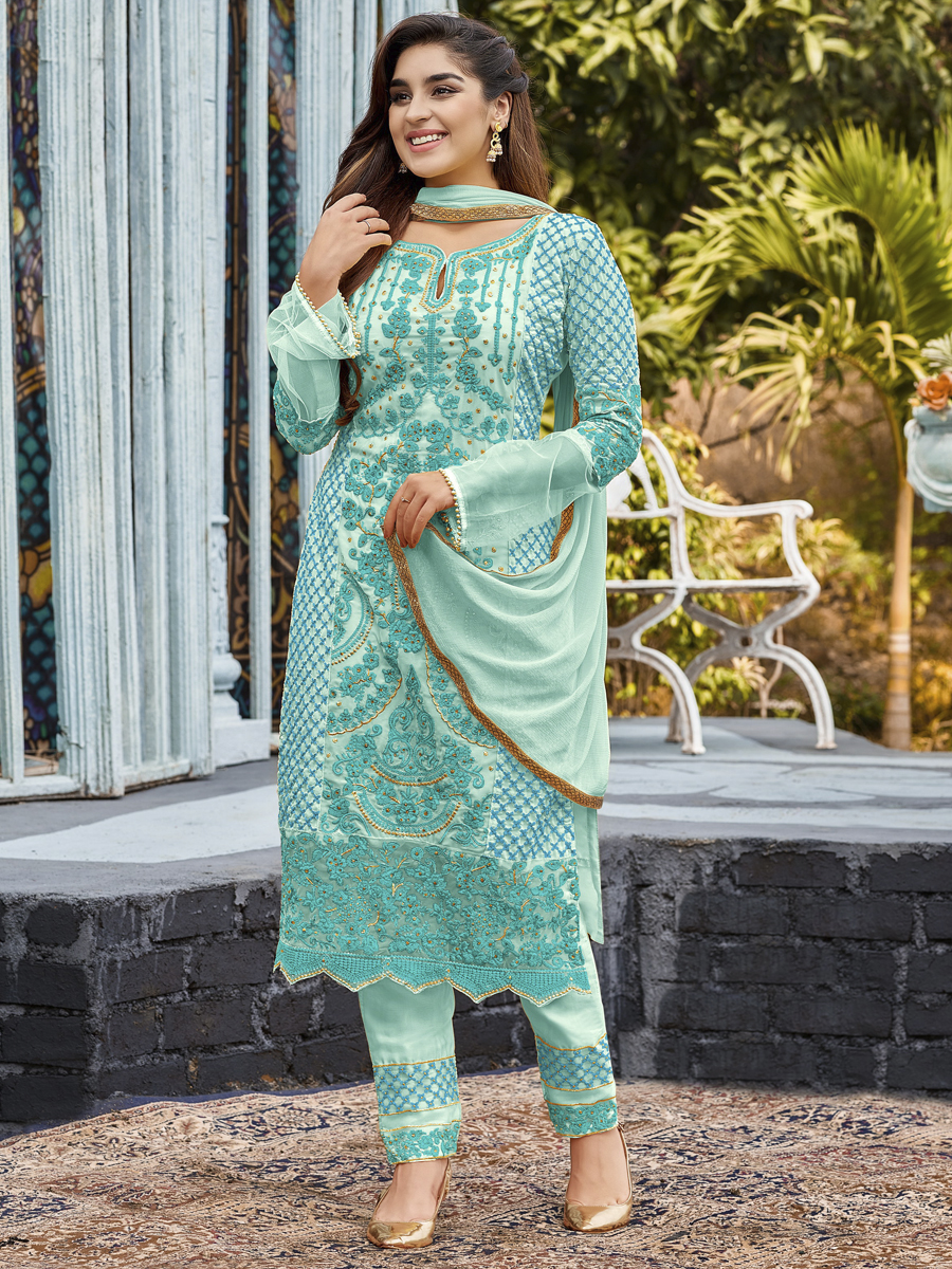 Sky Blue Heavy Faux Georgette Embroidered Party Festival Pant Salwar Kameez