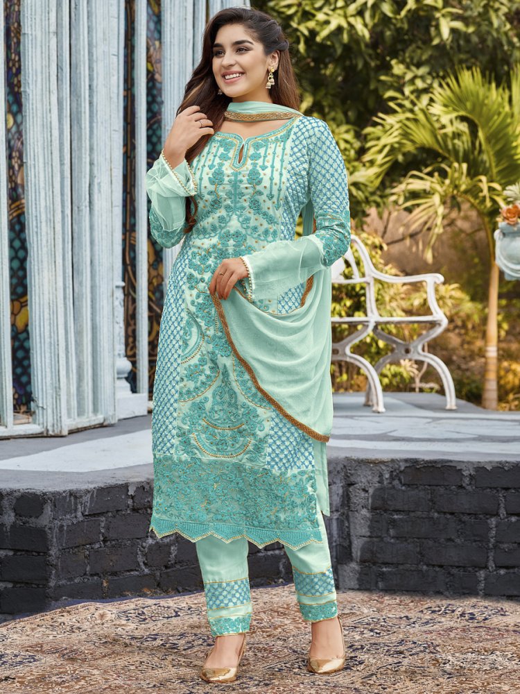 Sky Blue Heavy Faux Georgette Embroidered Party Festival Pant Salwar Kameez