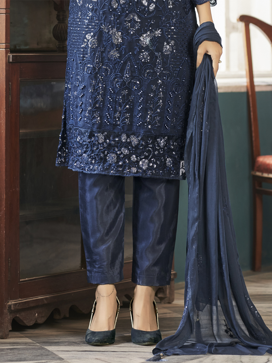 Dark Blue Heavy Faux Georgette Embroidered Festival Wedding Pant Salwar Kameez