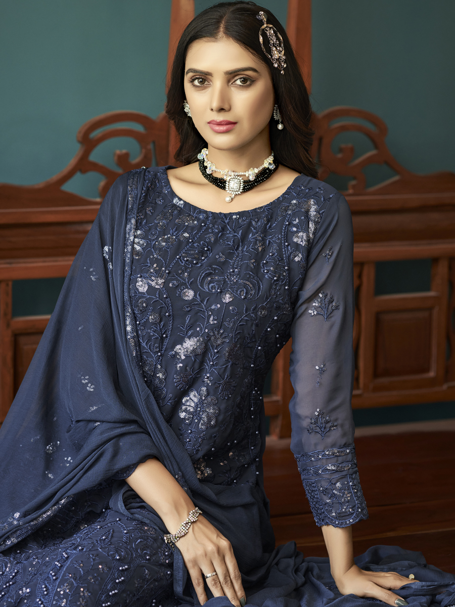 Dark Blue Heavy Faux Georgette Embroidered Festival Wedding Pant Salwar Kameez