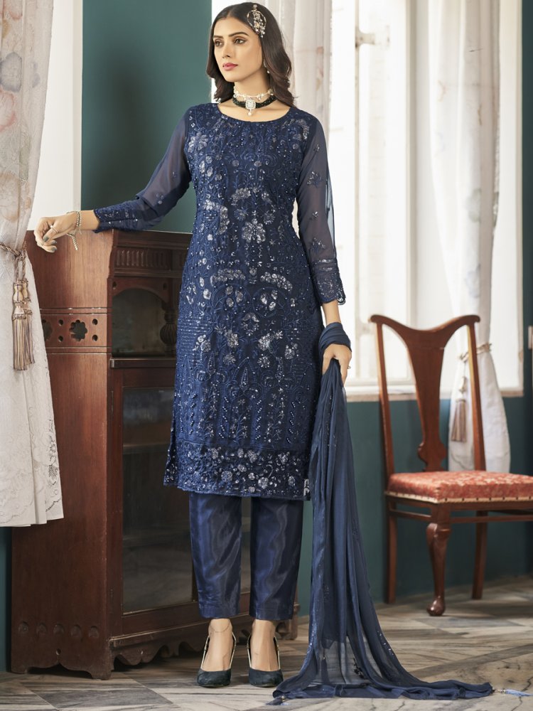 Dark Blue Heavy Faux Georgette Embroidered Festival Wedding Pant Salwar Kameez