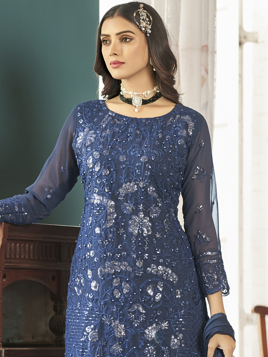 Dark Blue Heavy Faux Georgette Embroidered Festival Wedding Pant Salwar Kameez