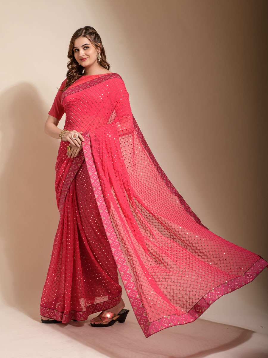 Pink Georgette Sequins Cocktail Party Classic Style Saree