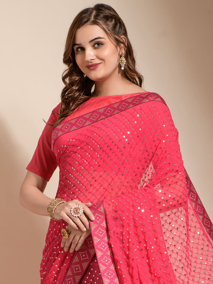 Pink Georgette Sequins Cocktail Party Classic Style Saree