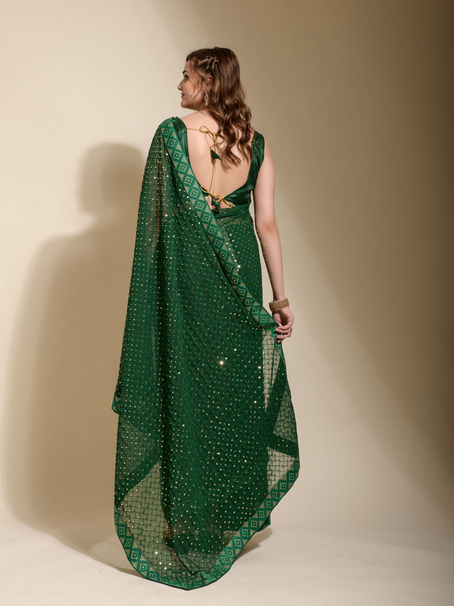 Green Georgette Sequins Cocktail Party Classic Style Saree