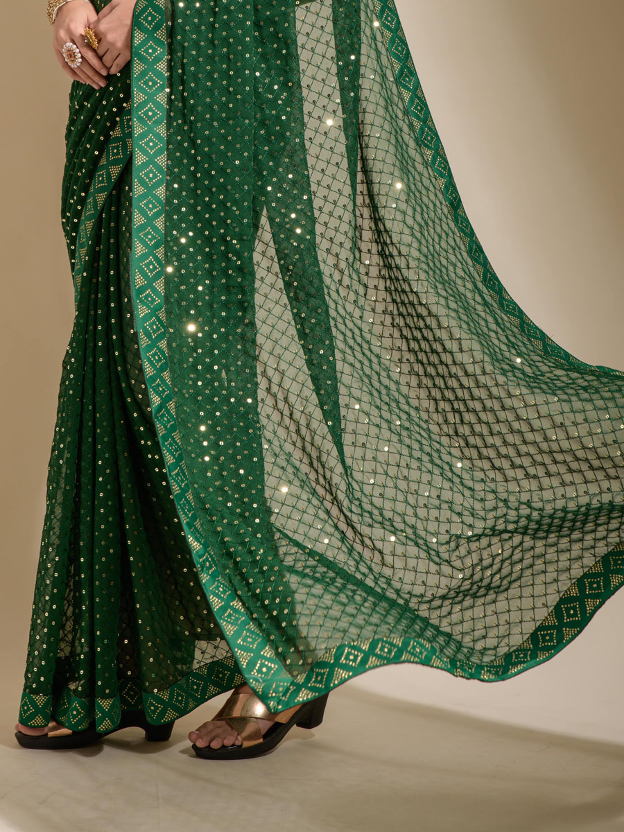 Green Georgette Sequins Cocktail Party Classic Style Saree