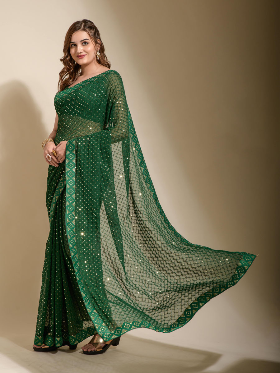 Green Georgette Sequins Cocktail Party Classic Style Saree