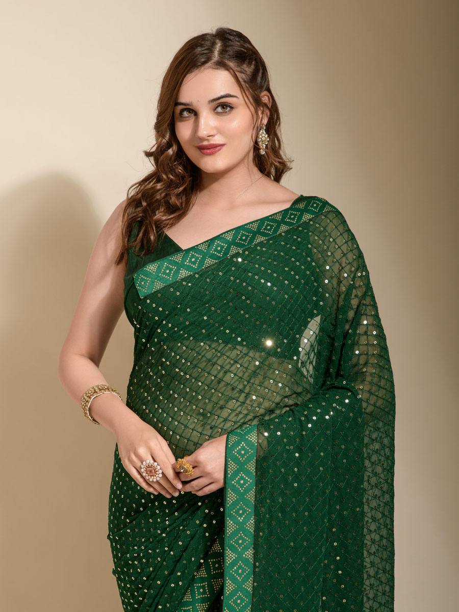 Green Georgette Sequins Cocktail Party Classic Style Saree