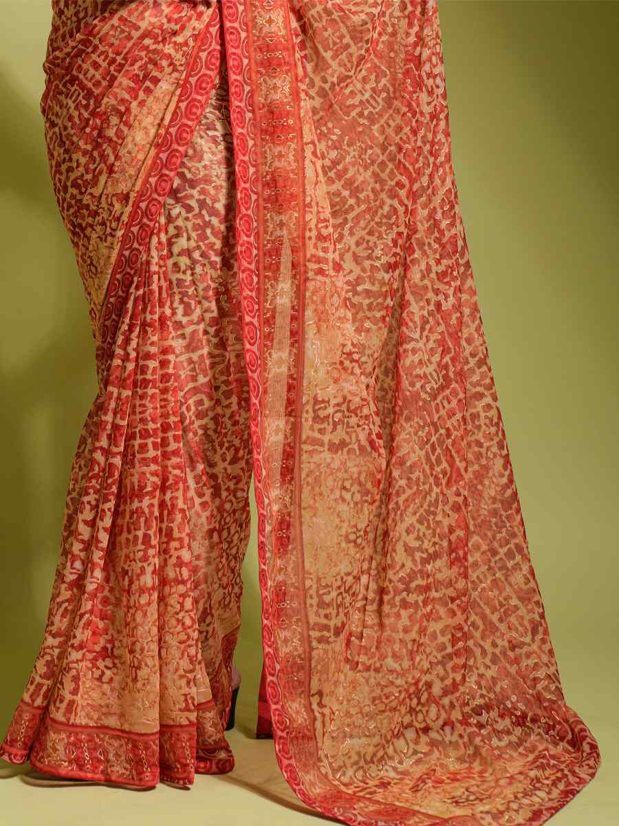 Red Georgette Printed Casual Party Contemporary Saree