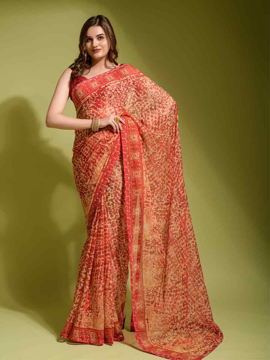 Red Georgette Printed Casual Party Contemporary Saree