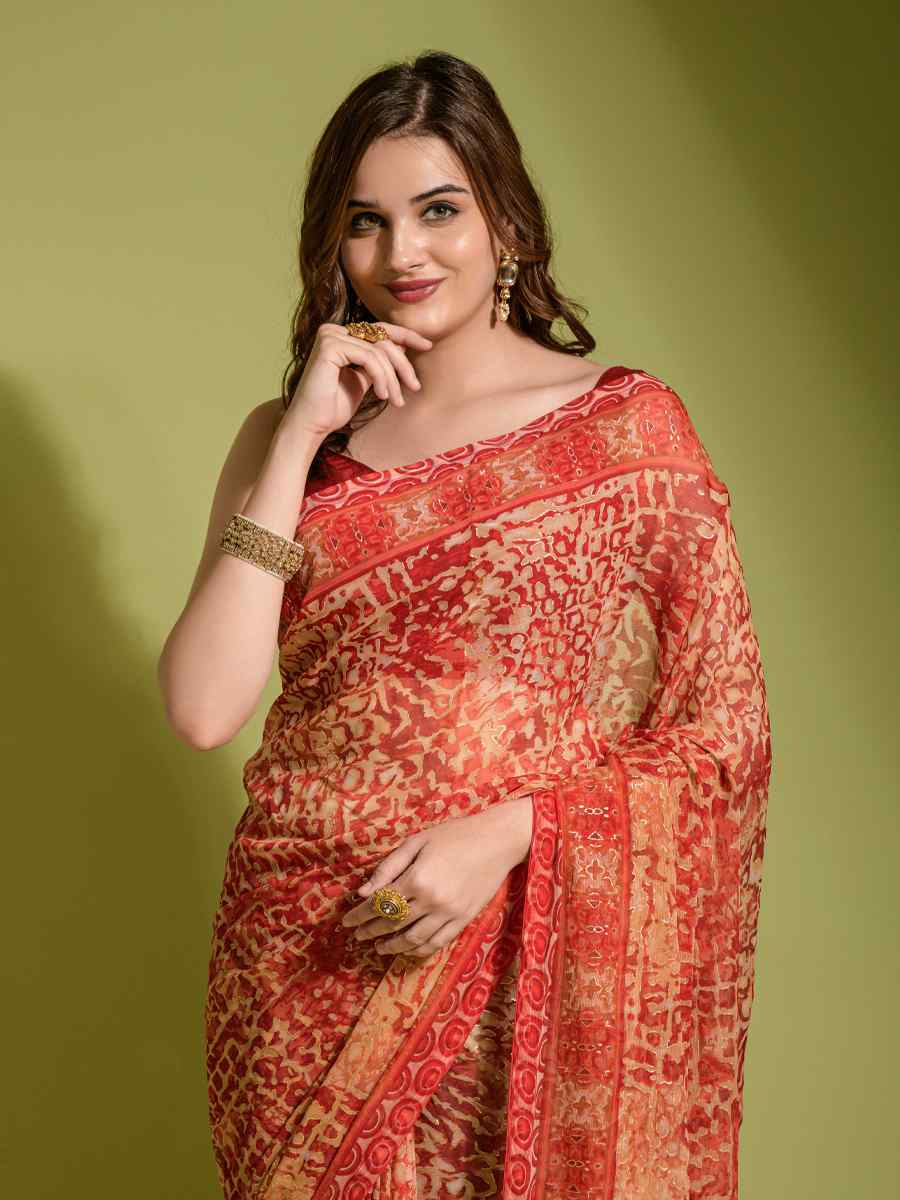Red Georgette Printed Casual Party Contemporary Saree