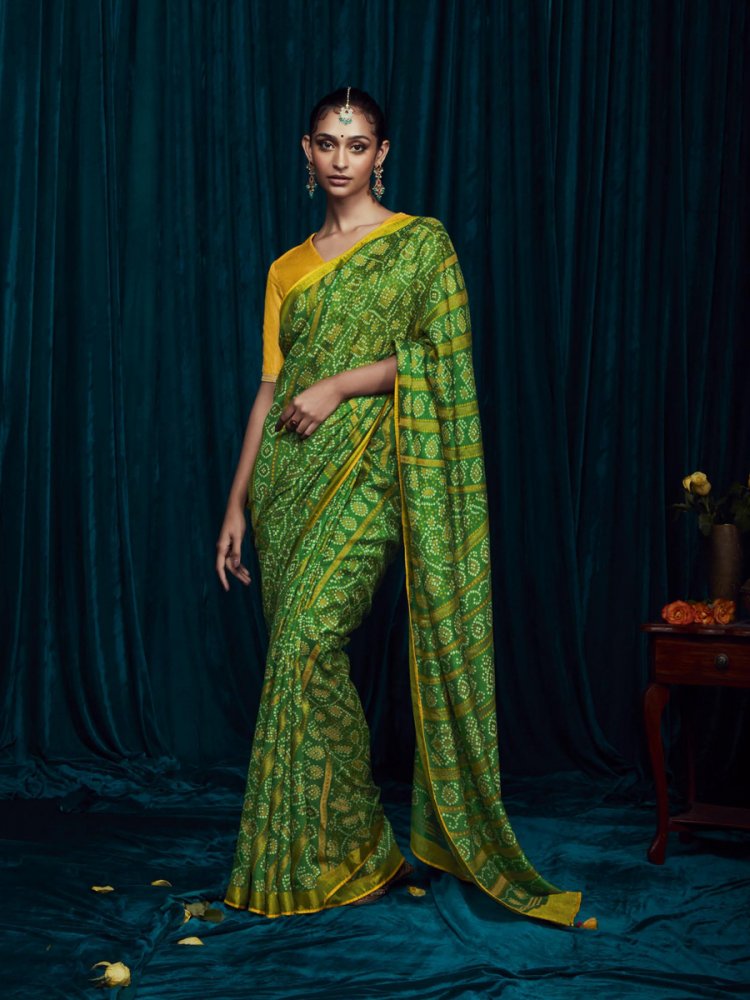Green Silky Brasso Embroidered Casual Festival Classic Style Saree