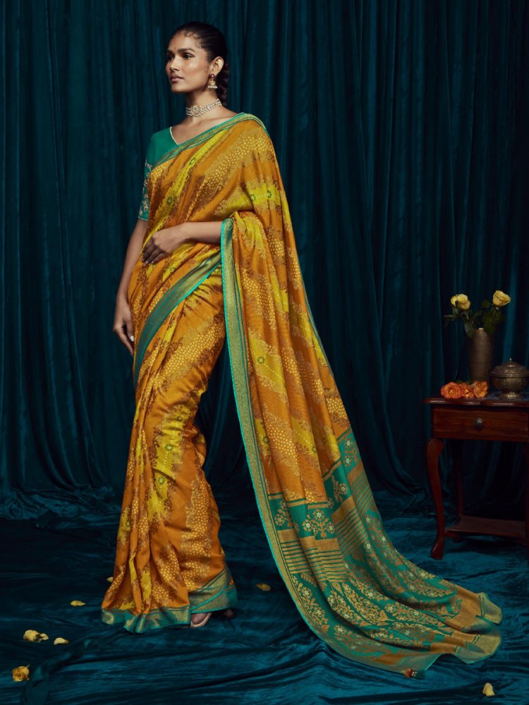 Mustard Silky Brasso Embroidered Casual Festival Classic Style Saree
