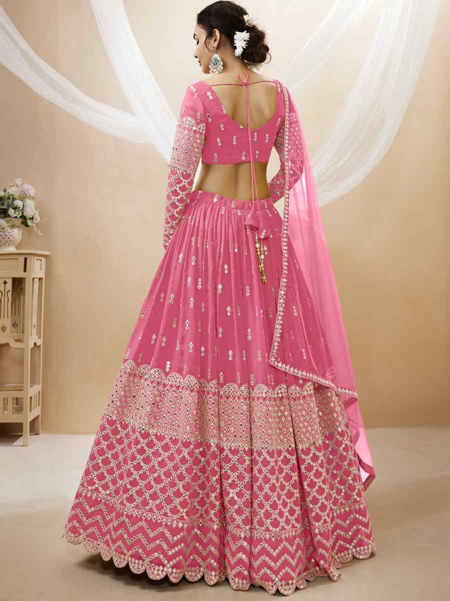 Pink Georgette Embroidered Bridesmaid Wedding Heavy Border Lehenga Choli