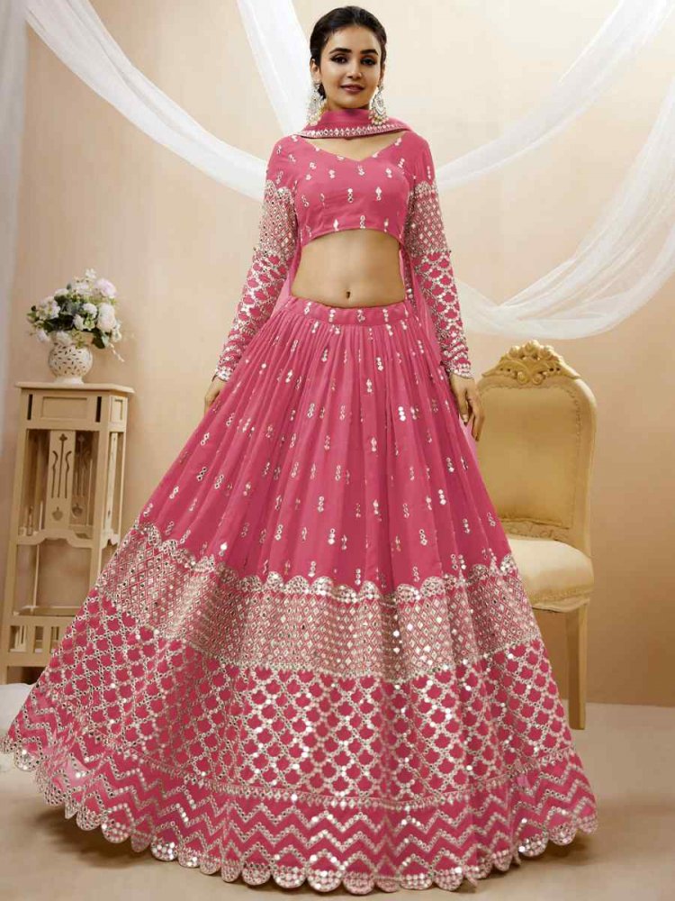 Pink Georgette Embroidered Bridesmaid Wedding Heavy Border Lehenga Choli