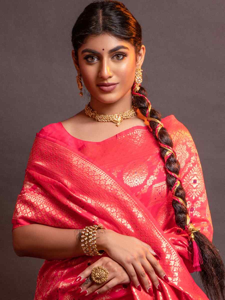 Pink Silk Handwoven Wedding Festival Heavy Border Saree