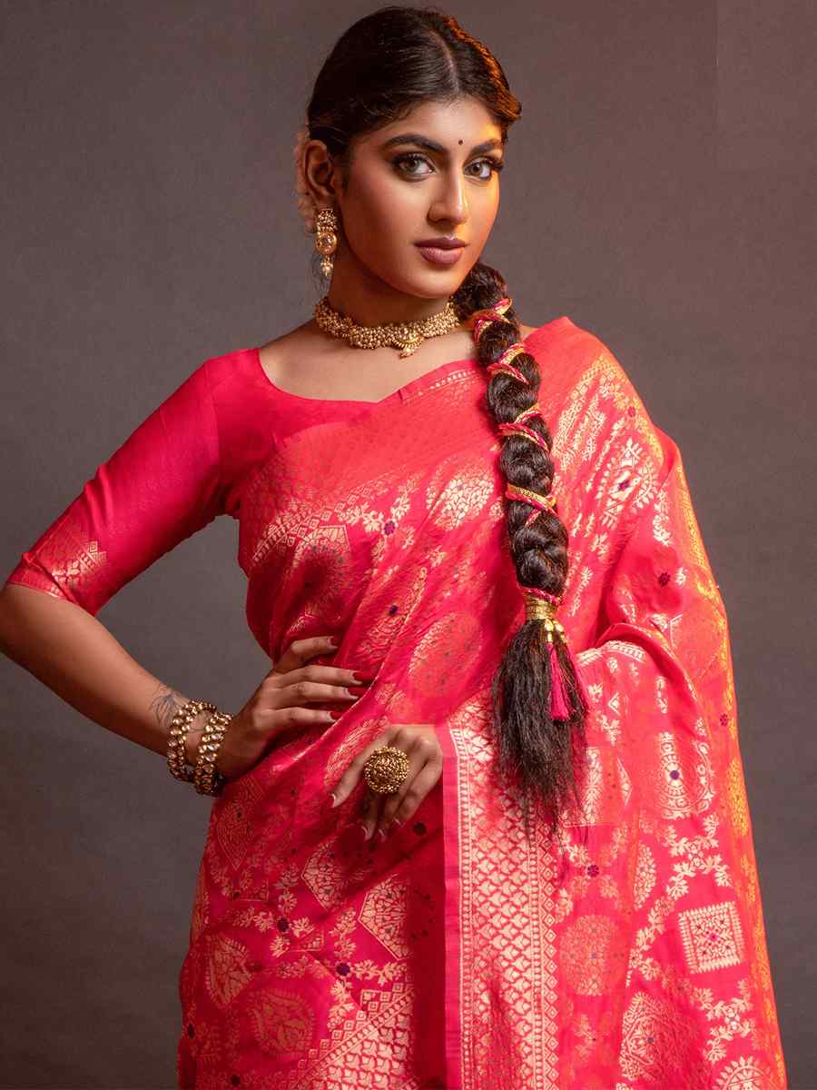 Pink Silk Handwoven Wedding Festival Heavy Border Saree