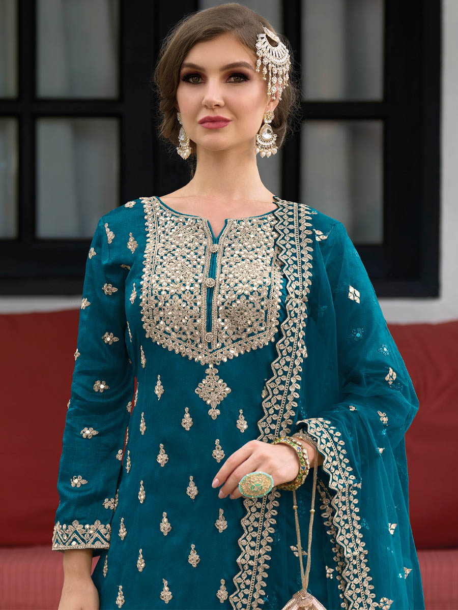 Royal Blue Heavy Silk Embroidered Festival Wedding Ready Palazzo Pant Salwar Kameez
