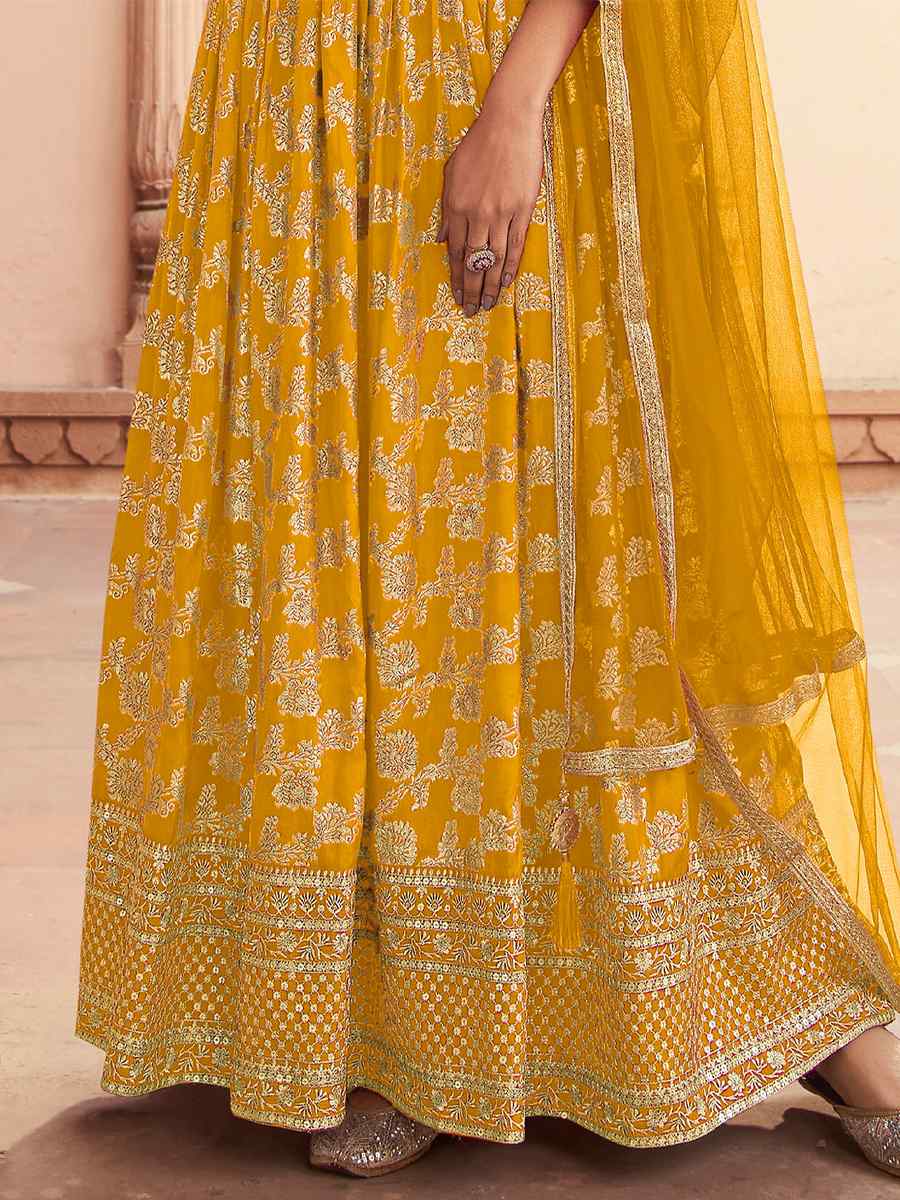 Yellow Dola Jacquard Silk Embroidered Festival Wedding Anarkali Salwar Kameez