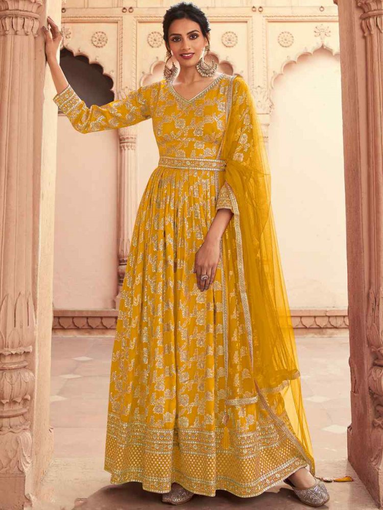 Yellow Dola Jacquard Silk Embroidered Festival Wedding Anarkali Salwar Kameez
