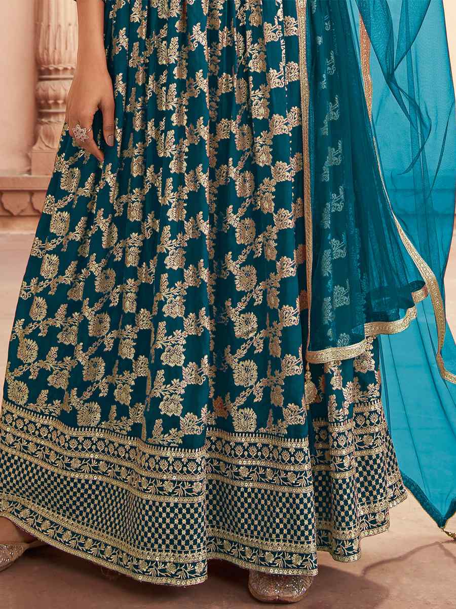 Blue Dola Jacquard Silk Embroidered Festival Wedding Anarkali Salwar Kameez