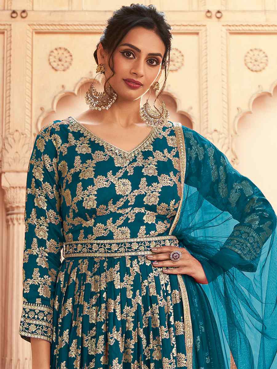 Blue Dola Jacquard Silk Embroidered Festival Wedding Anarkali Salwar Kameez