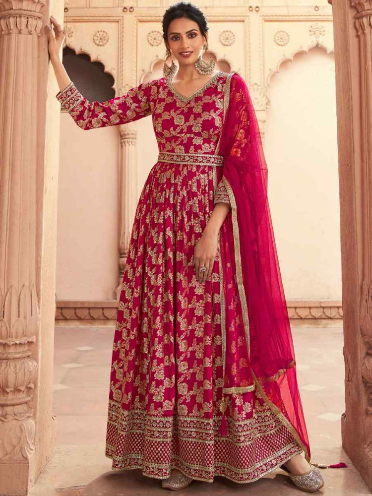 Pink Dola Jacquard Silk Embroidered Festival Wedding Anarkali Salwar Kameez