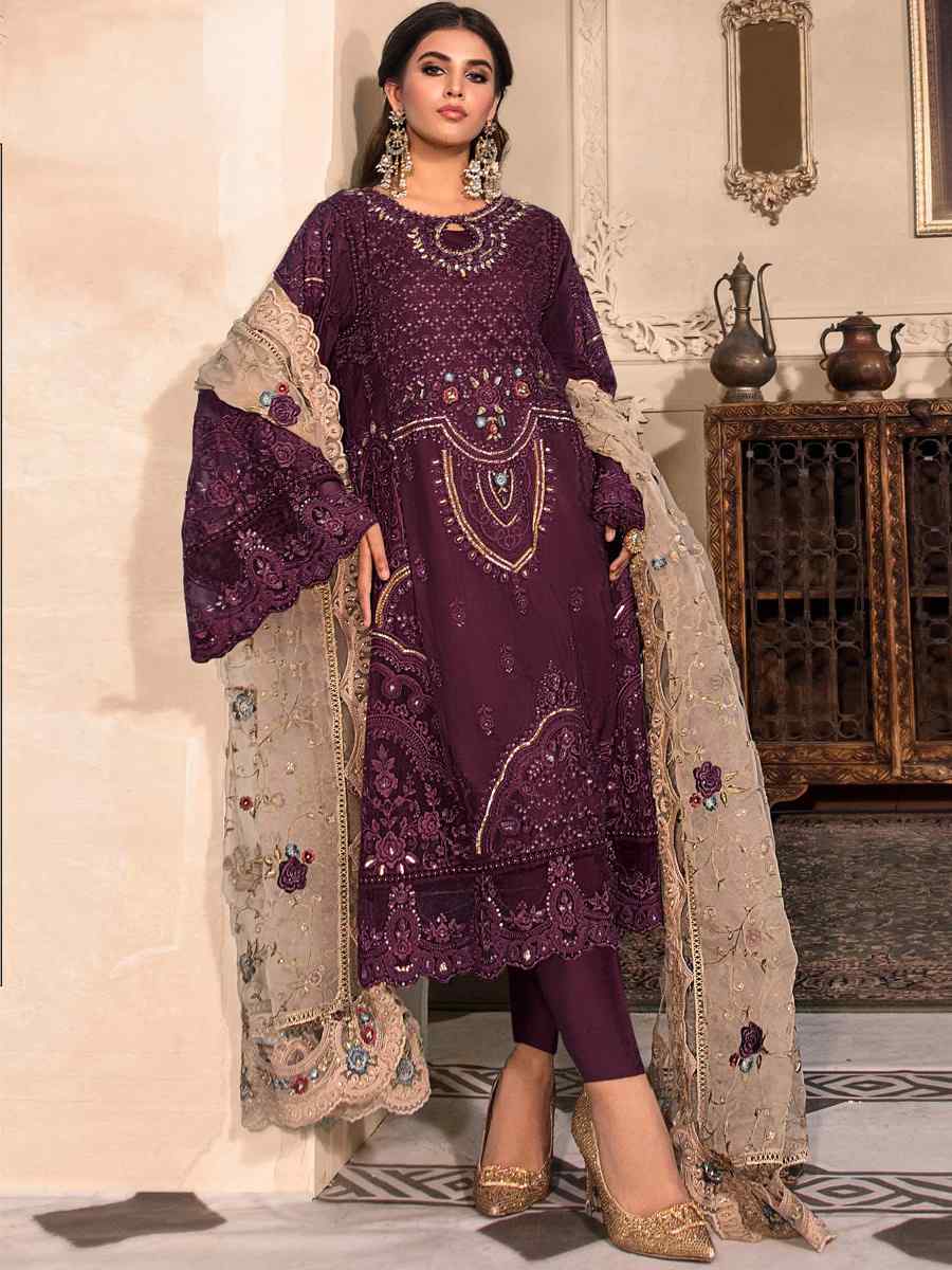 Purple Heavy Organza Embroidered Festival Wedding Pant Salwar Kameez