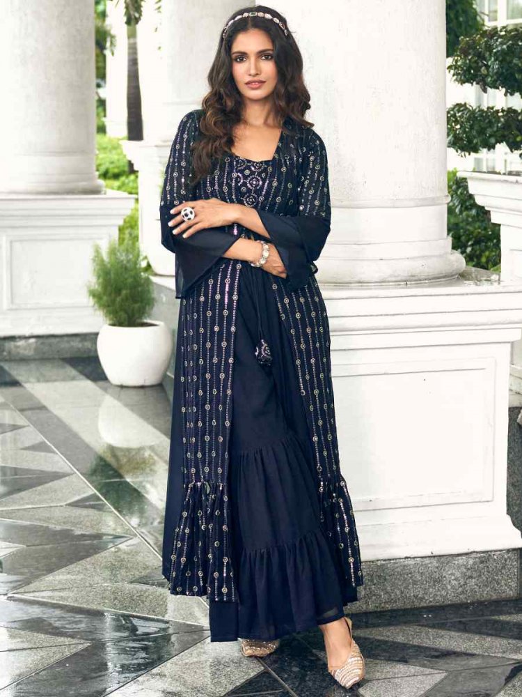 Navy Blue Pure Faux Georgette Embroidered Festival Wedding Palazzo Pant Salwar Kameez