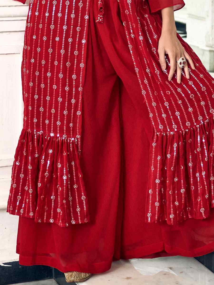 Red Pure Faux Georgette Embroidered Festival Wedding Palazzo Pant Salwar Kameez